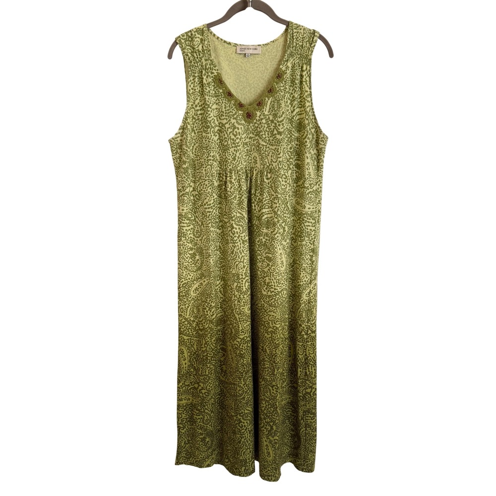 Jones New York Sport Green Cotton Crochet Bead Accent Maxi Dress XL Sleeveless
